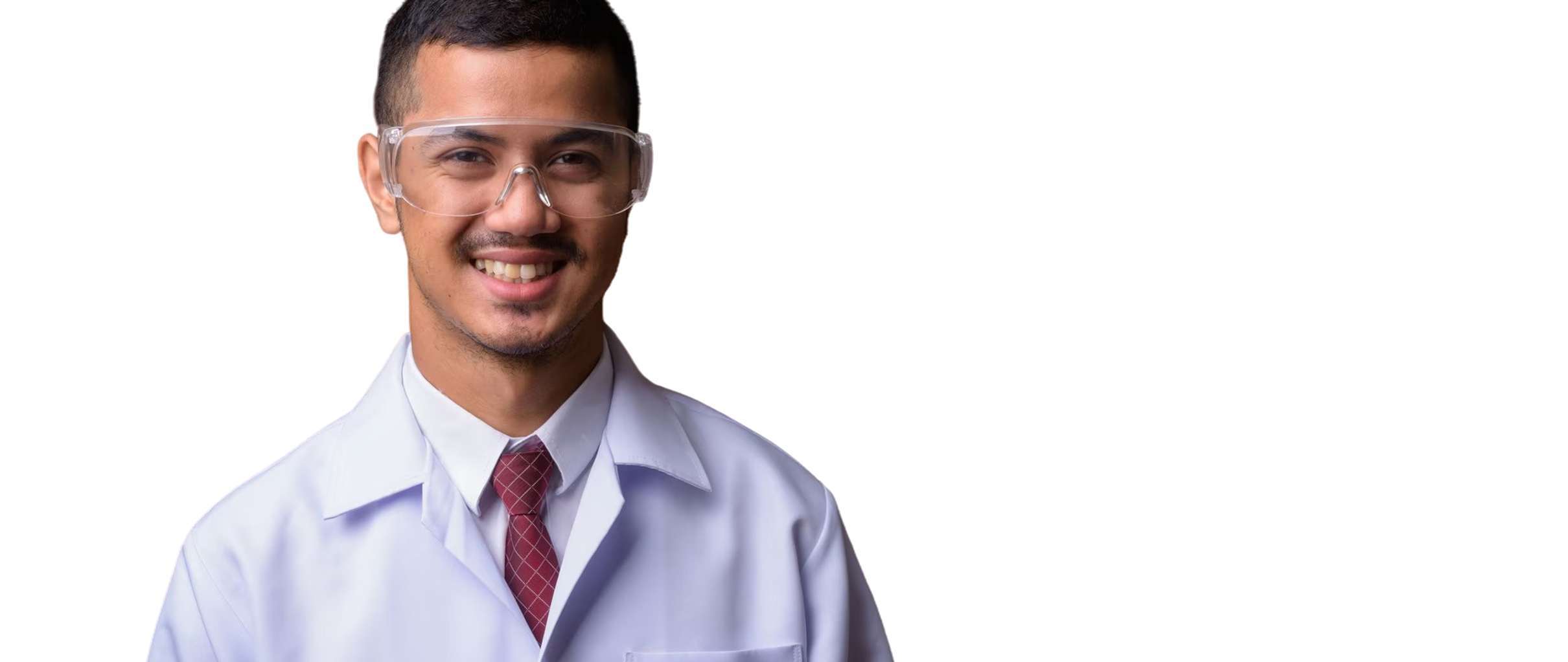 Smiling lab professional in protective eyewear