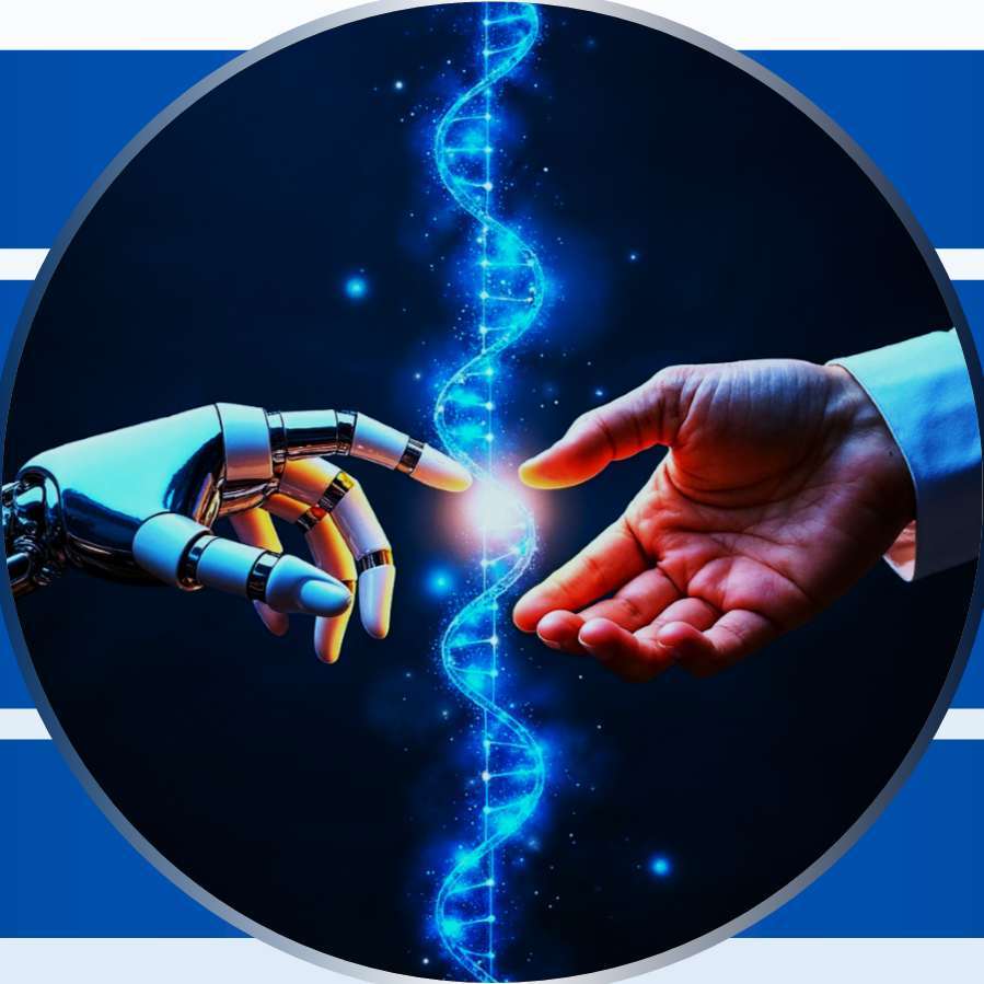 A robotic hand and a human hand reaching toward a glowing DNA helix